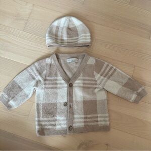 Barefoot Dreams CozyChic Plaid Baby cardigan & hat cream/tan  6-12 Months